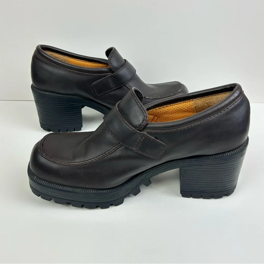 Y2K Vintage Lower East Side Chunky Loafers Dark Brown Size 9.5 Block Heels